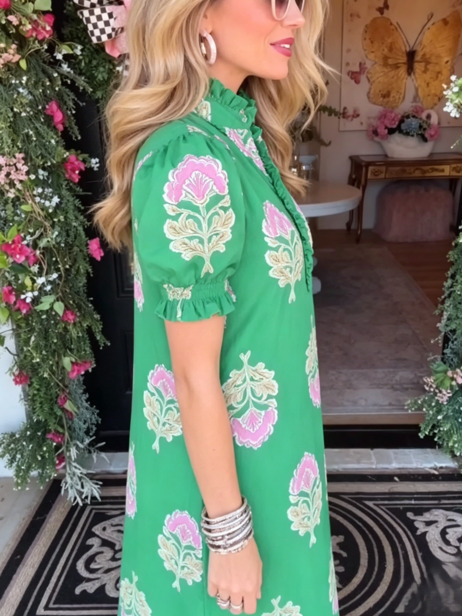 Green Pink Floral Ruffle Puff Sleeve Midi Shirt Dress