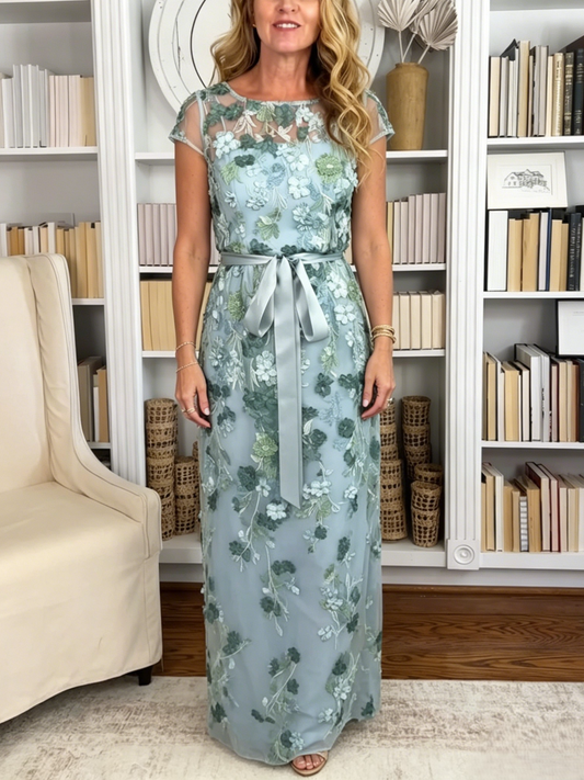 Sage & Blue Floral Lace Evening Gown