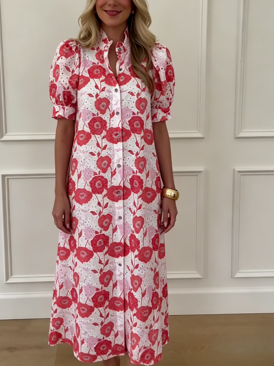 Red Pink Floral Eyelet Puff Sleeve Midi Shirt Dress