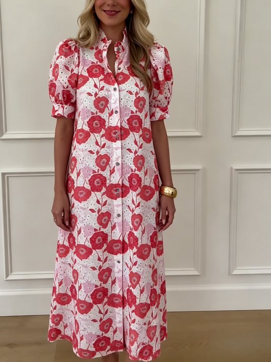 Red Pink Floral Eyelet Puff Sleeve Midi Shirt Dress