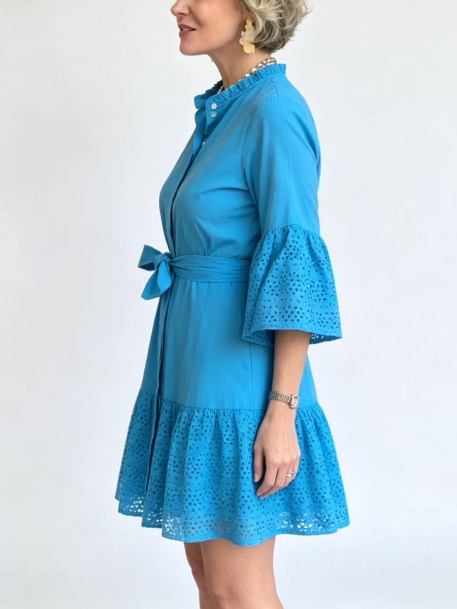 Blue Eyelet Belted Bell Sleeve Mini Shirt Dress