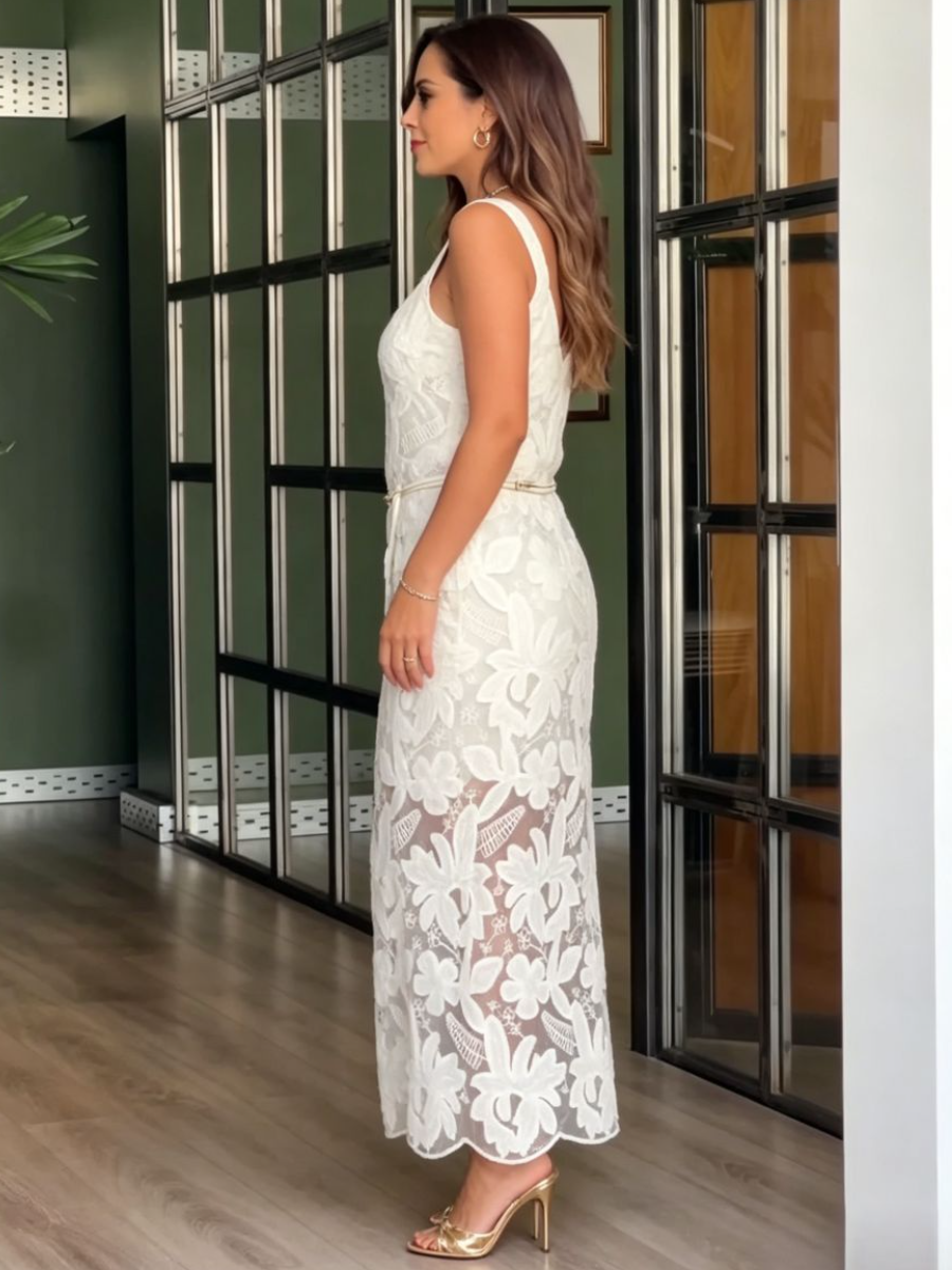 White Floral Lace Belted Midi Dress