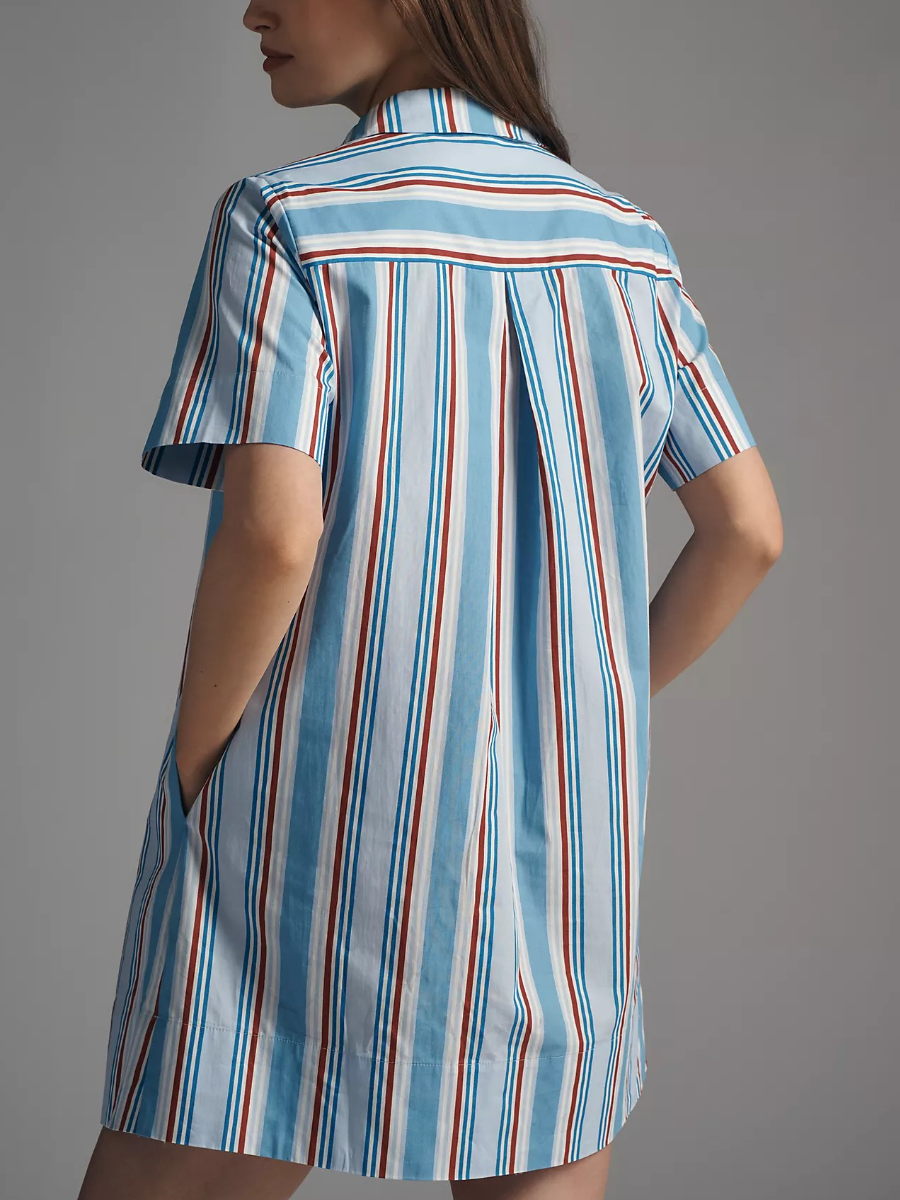 Blue Red Stripe Short Sleeve Shirt Dress