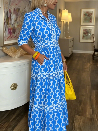 Chain Pattern Waist Tie Tiered Collared Pocket Midi Dress