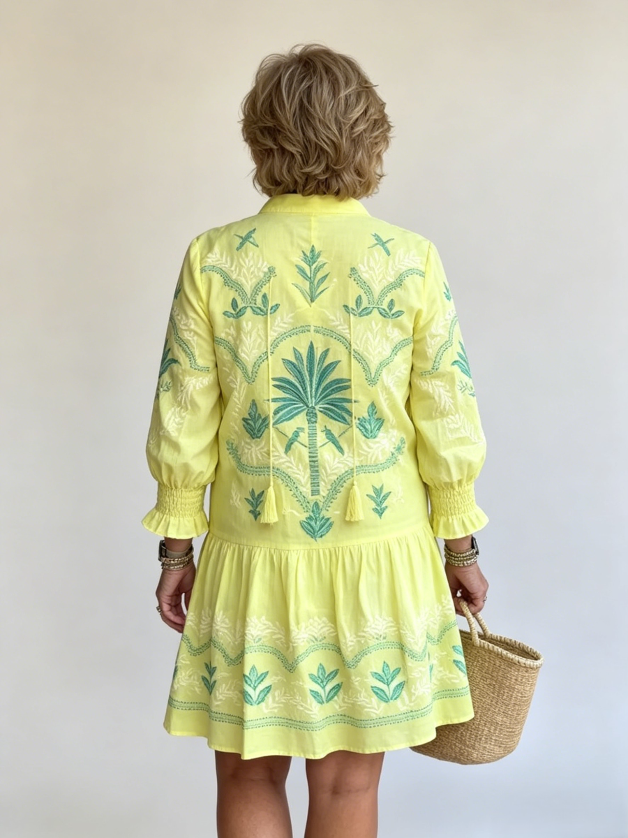 Tropical Palm Embroidered Yellow Vacation Tassel Loose Mini Dress
