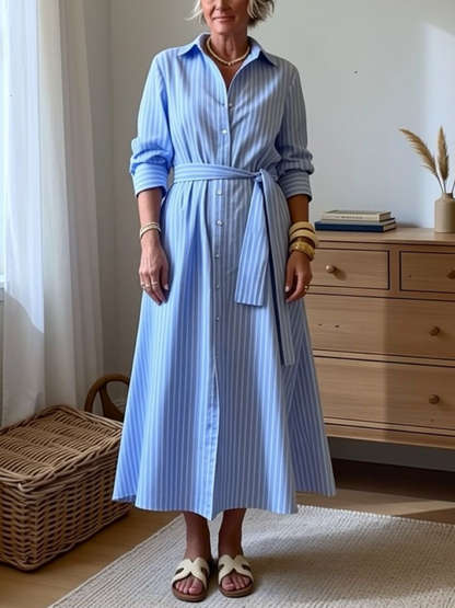 Blue Striped Belted Midi Shirt Dress