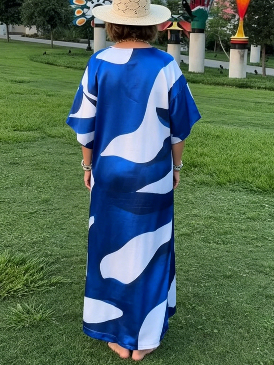 Oversized Abstract Print Satin Beach Caftan Maxi Dress