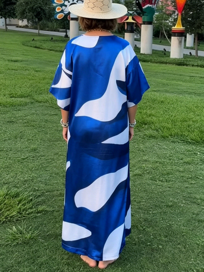 Oversized Abstract Print Satin Beach Caftan Maxi Dress