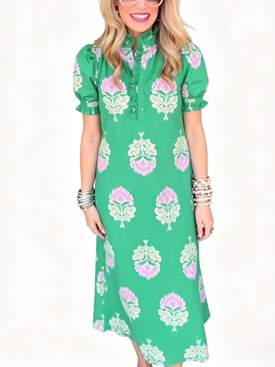 Green Pink Floral Ruffle Puff Sleeve Midi Shirt Dress
