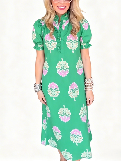 Green Pink Floral Ruffle Puff Sleeve Midi Shirt Dress
