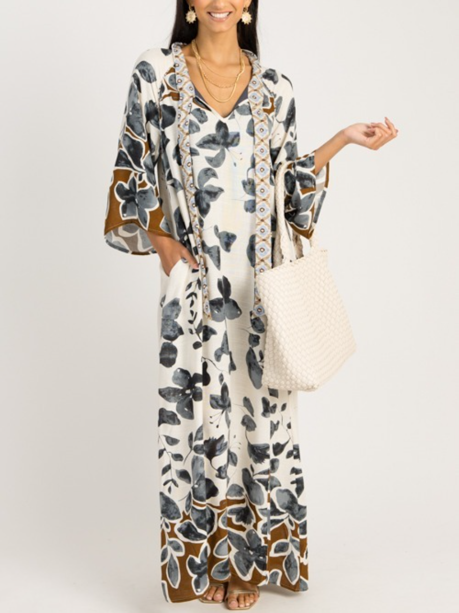 Grey Floral Print Maxi Kaftan Dress