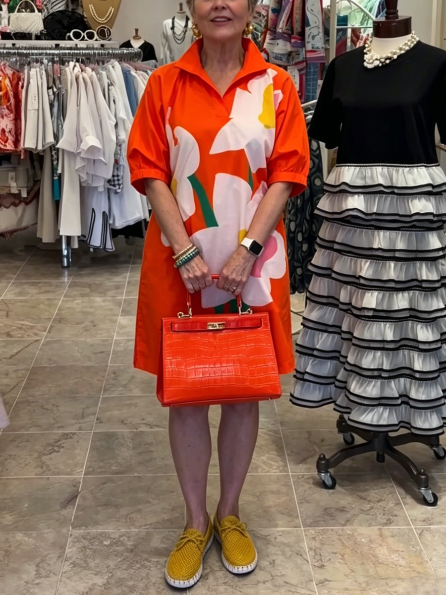Bright Orange Abstract Flower Print Loose Shift Shirt Dress