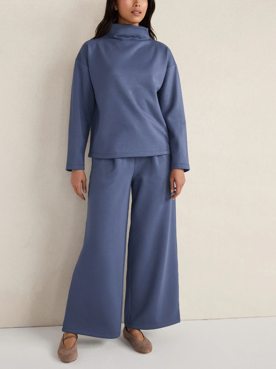 Relaxed Fit Funnel Neck Top & Wide Leg Pant Set