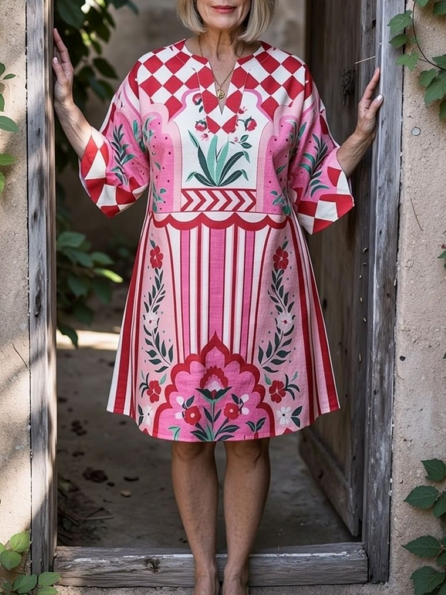 Pink Red Mixed Print V Neck Loose Mini Dress