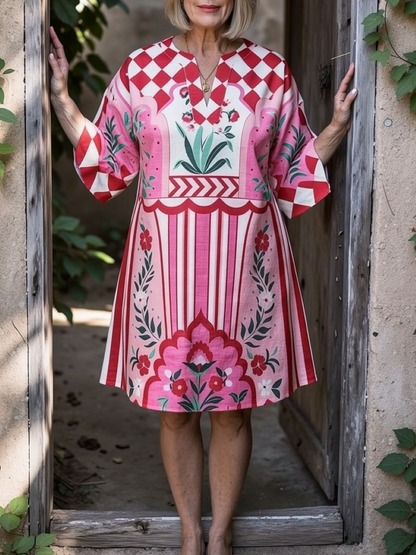 Pink Red Mixed Print V Neck Loose Mini Dress