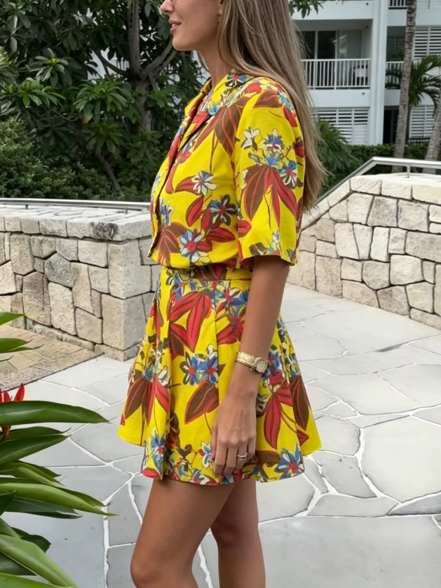 Tropical Print Puff Sleeve Crop Top Flared Short Set