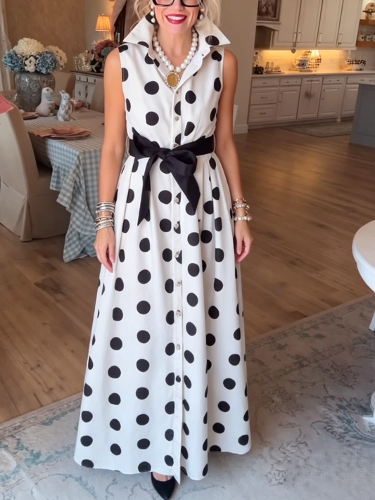 White Black Polka Dot Belted Maxi Shirt Dress