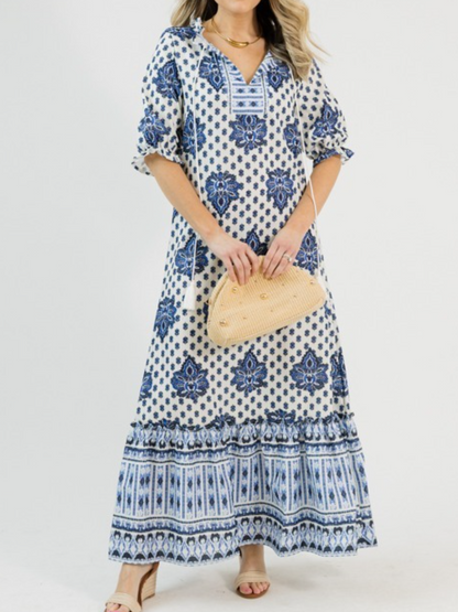 Blue White Boho Print Tiered Maxi Dress