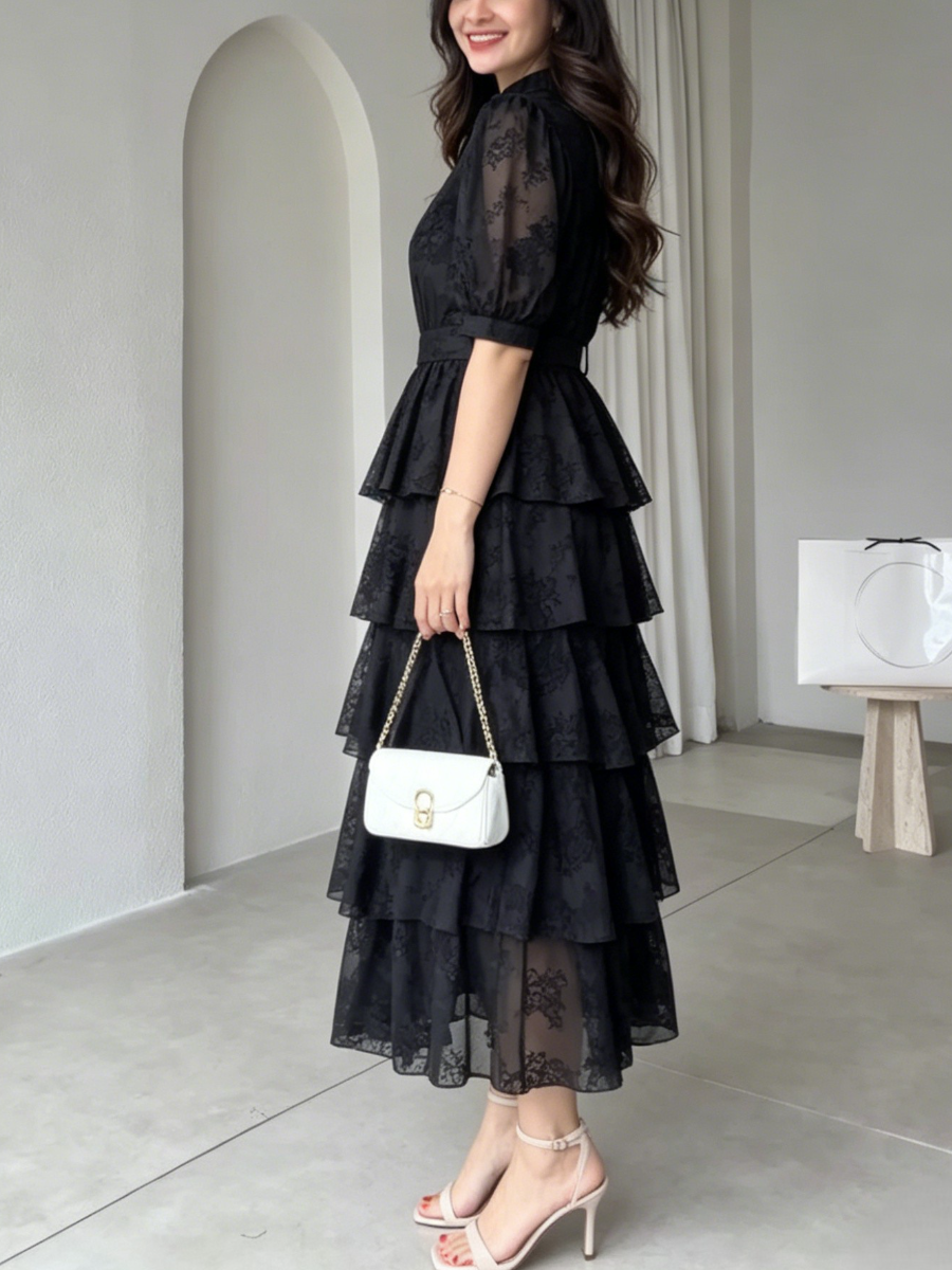 Elegant Tiered Lace Midi Dress