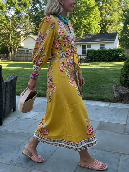 Puff Sleeve Boho Floral Midi Dress