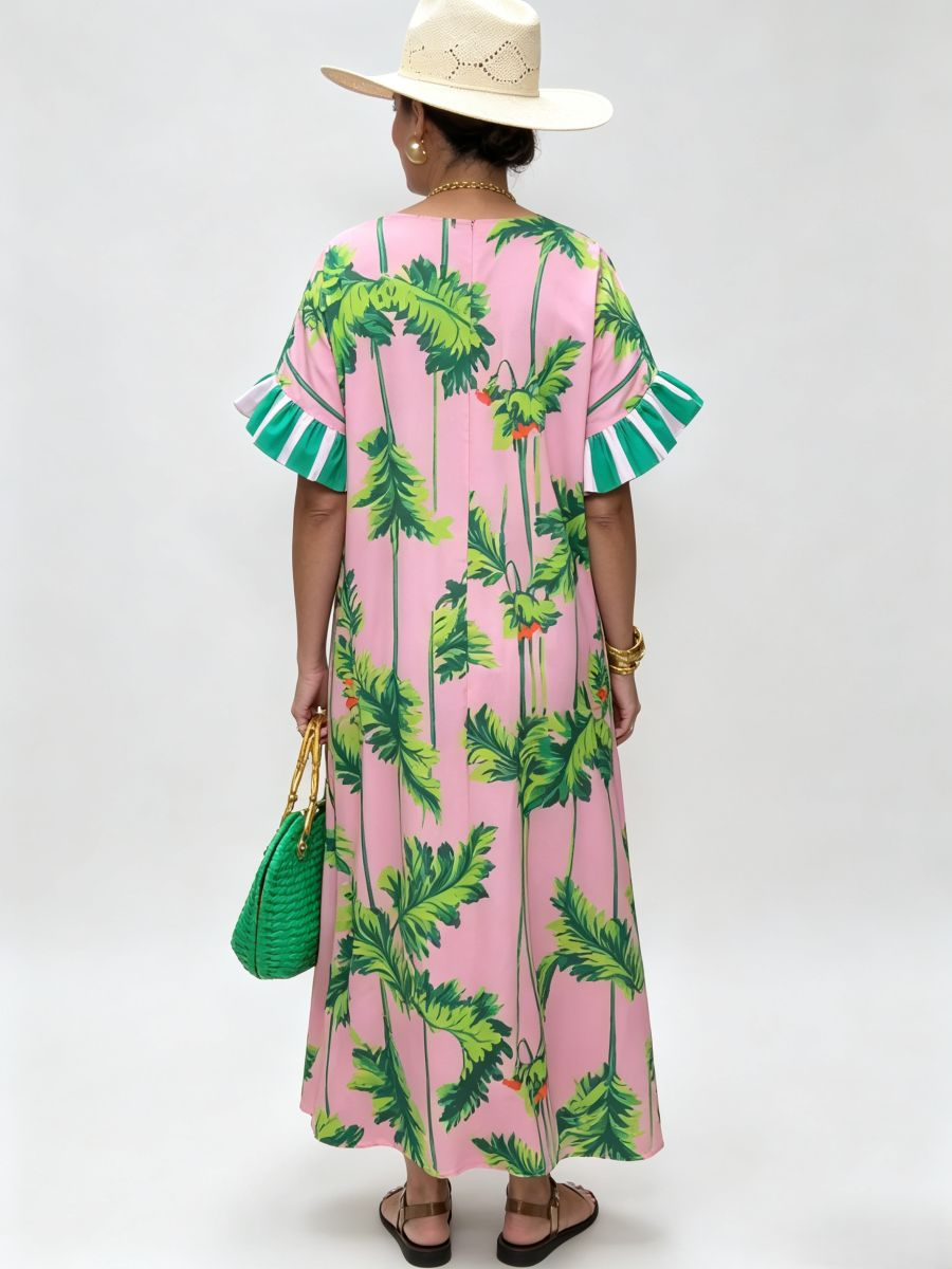 Pink Tropical Print Ruffle Sleeve Maxi Caftan Dress