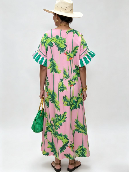 Pink Tropical Print Ruffle Sleeve Maxi Caftan Dress