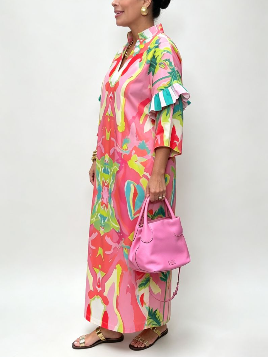 Pink Abstract Tropical Print Stand Collar Ruffle Cuff Loose Maxi Kaftan Dress