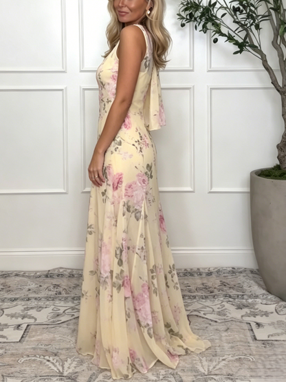 Yellow Pink Floral Chiffon Maxi Dress