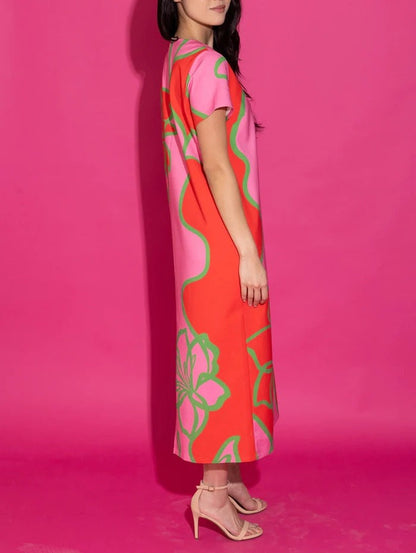 Bright Pink Retro Floral A-Line Mini Dress
