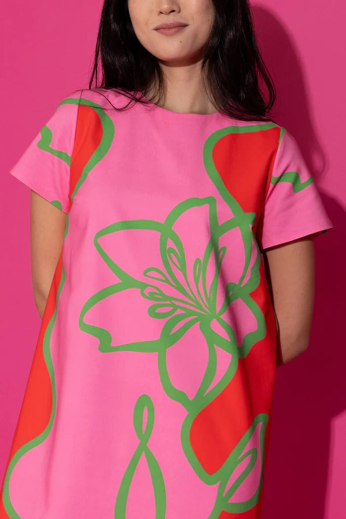 Bright Pink Retro Floral A-Line Mini Dress